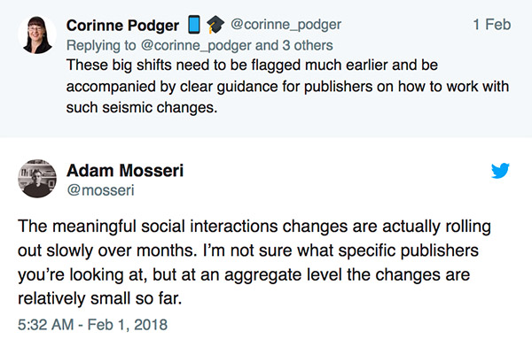 Adam Mosseri, risponde via Twitter ad una ‘lamentela’ di Corinne Podger