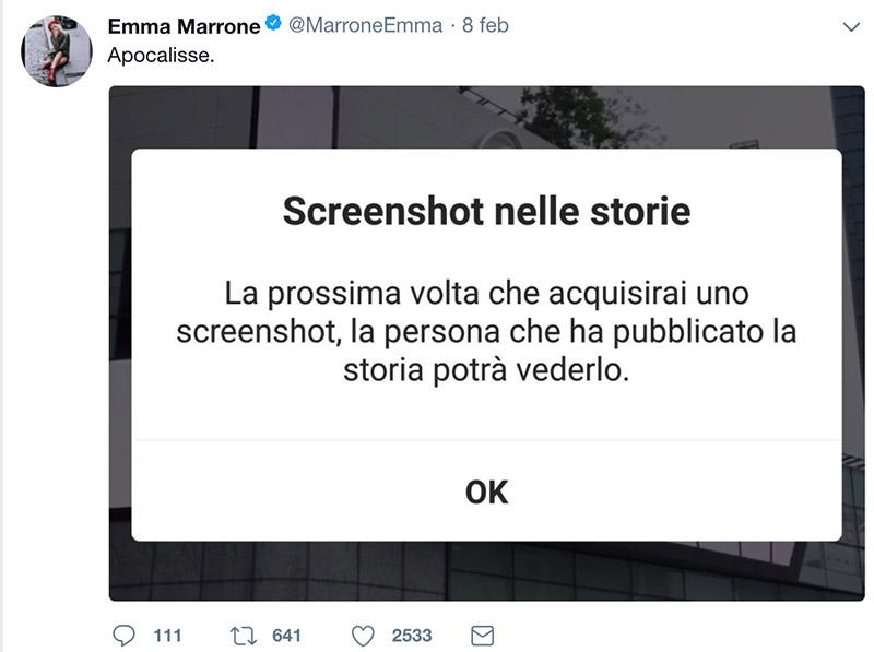 Emma Marrone su Twitter presenta le notifiche per gli screenshot su instagram